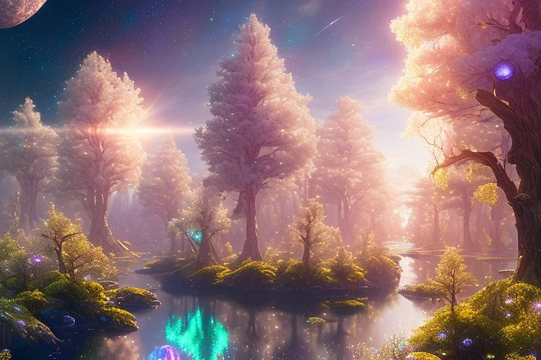 white and gold crystal cosmic and galactic ambiance river sky trees , full of details, smooth, bright sunshine，soft light atmosphere, light effect，vaporwave colorful, concept art, smooth, extremely sharp detail, finely tuned detail, ultra high definition, 8 k, unreal engine 5, ultra sharp focus