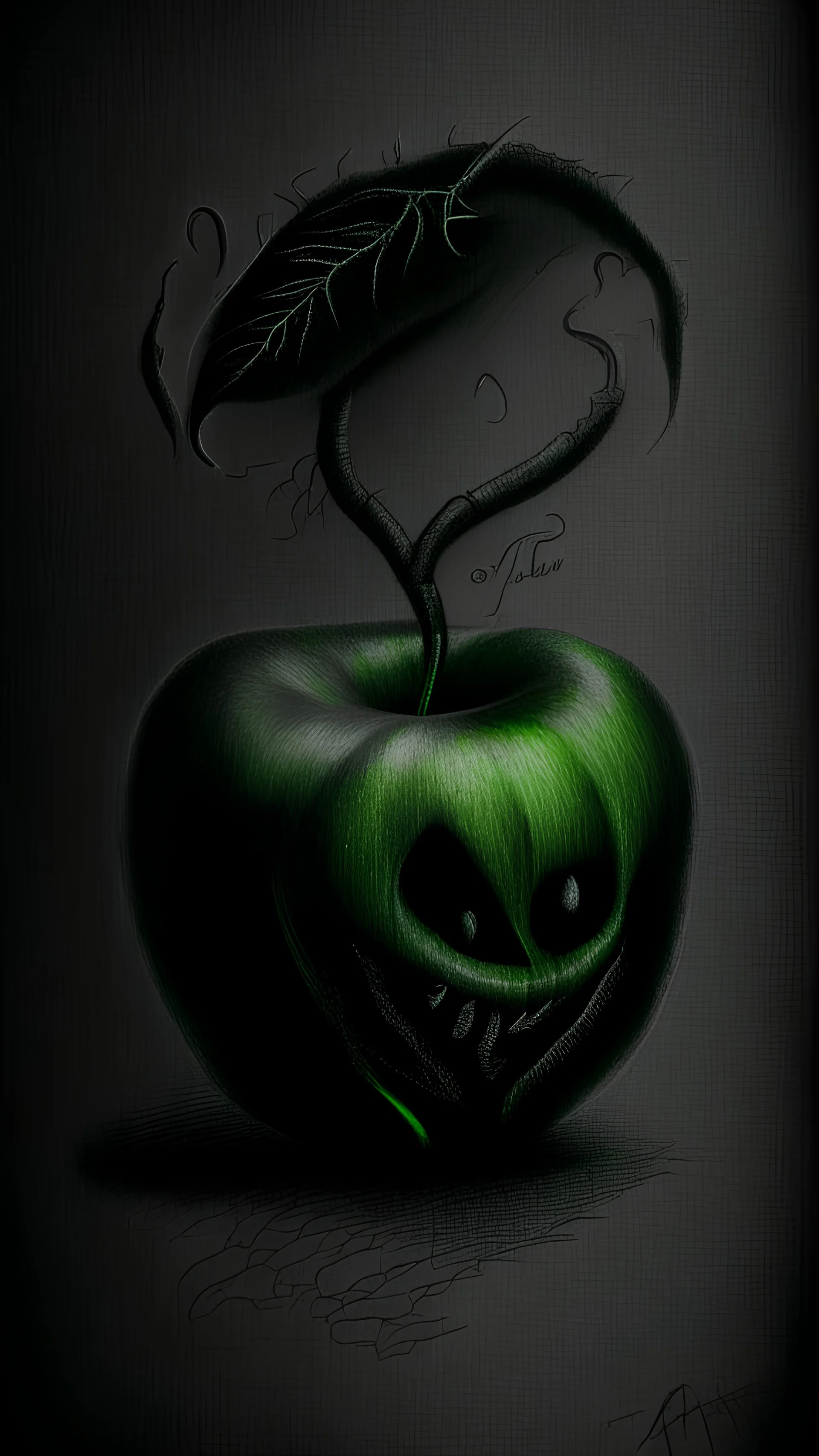 pencil drawing of poison apple. Spooky, scary, halloween, realistic, black paper, green poison