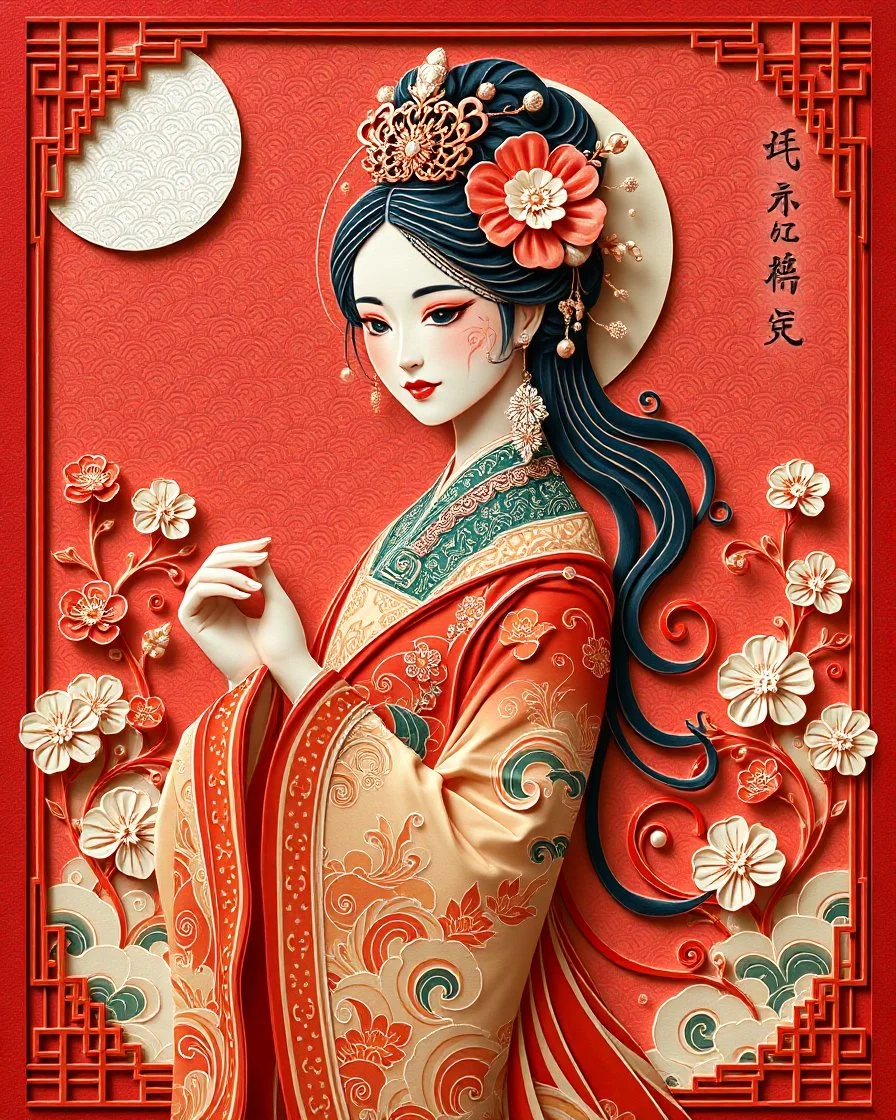 Neo Surrealism fullbody Beautiful Chinese Princess Woman Luxury Traditional Papercut Crafts colors High Details embossing 5D pop out,luxury fully china philosophy title text background