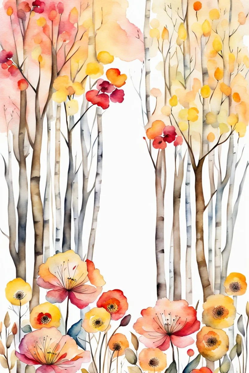 red, orange, yellow, pink flowers before birches. stylized watercolor, extremely textured botanical theme