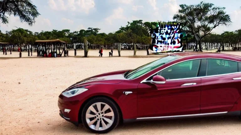 A Tesla's 'Model S Plaid' is parked, at Chichen Itza, in Mexico. CINEMATIC. WIDE ANGLE LENS. CINEMATIC. WIDE ANGLE LENS.