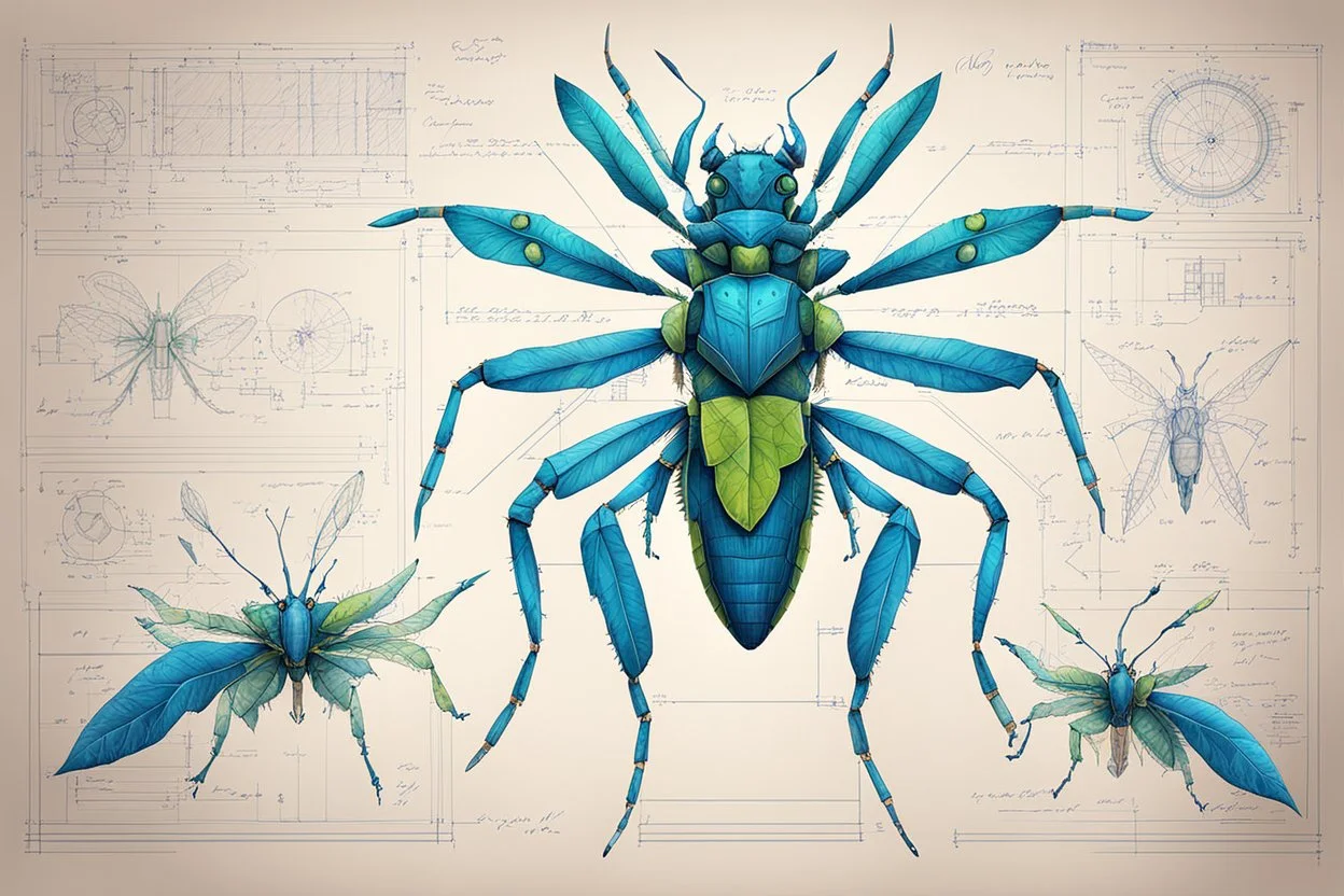 Hand drawn technical,full body illustration , with detailed blueprints and engineering schematics of a hybrid walking leaf insect biomechanical woman, with highly detailed facial features, drawings, and technical notation, 8k, vibrant natural colors