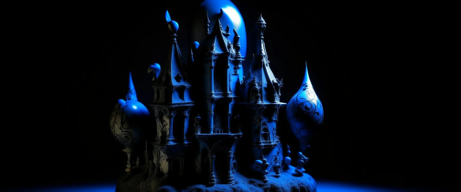 A dark blue haunted castle with spherical ghosts designed in Javanese shadow puppets painted by Pablo Picasso