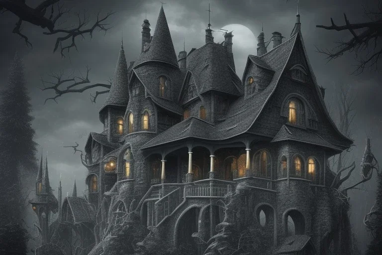 one Wednesday Adams, black and white, scary house , pointy roof, cursed trees , dark forest, spiders, bats, bones, Escher style