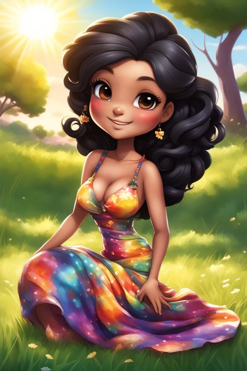 An airbrushed chibi black cartoon of a curvaceous woman with flowing black hair twisted up, wearing a colorful maxi dress. She sits relaxed on the grass facing the warm sunlight, which illuminates her face as she looks to the side with a small smile, accentuating her prominent makeup and brown eyes.