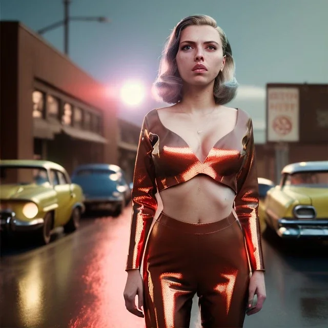 Ultra Realistic retro sci-fi movie explosion Supermarket parking people scene, 1960 year, waist up view portrait, 1 blonde women, sweet scarlet Johansson face, perfect iris, glow eyes, face makeup, tight latex coat. many people looking, Retro sci-fi style, soft color, highly detailed, unreal engine 5, ray tracing, RTX, lumen lighting, ultra detail, volumetric lighting, 3d, finely drawn, high definition, high resolution.