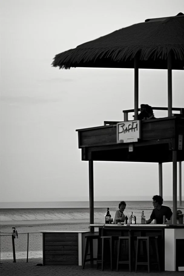 Terraza de un chiringuito frente a la playa al atardecer, fotografía realizada con una cámara Leica y con un objetivo de 50 mm, fotografía real, fotografía en blanco y negro