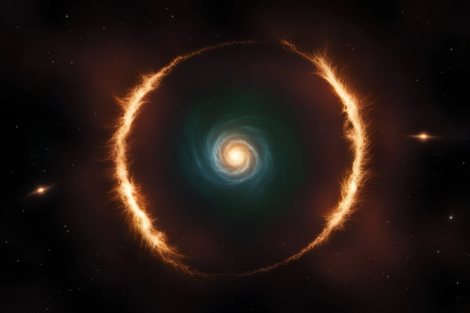 A supernova explosion's blast wave is spreading in a circle outward in all directions, overtaking green and blue worlds, ripping them apart and spreading debris into a ring around the dead star.