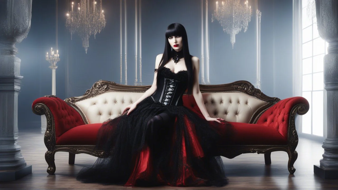 Full-body shot, of slender goth woman, lying on a couch, long straight brunette hair with bangs, fair skin, red lips, slender, flared skirt, corset, stockings. fantasy background.