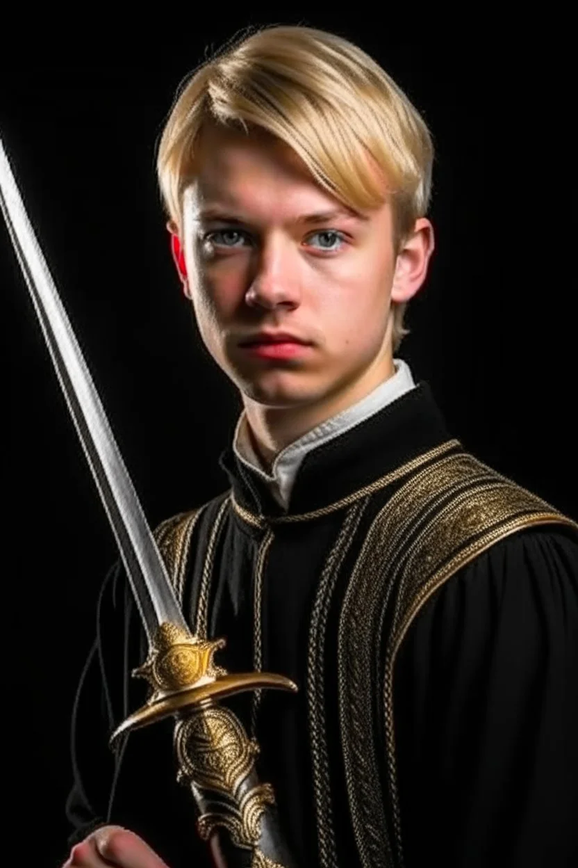 young european blond short hair adult royal guard swordsman with rapier