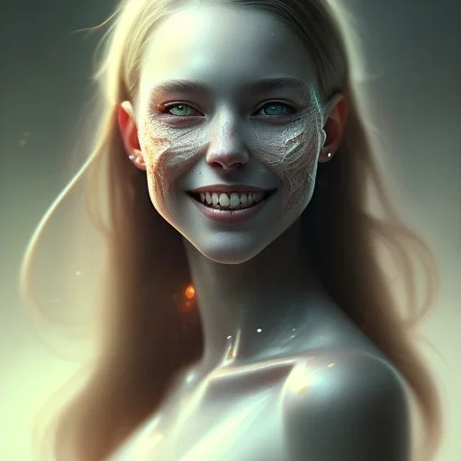 epic portrait of a beautiful girl with an unnaturally wide smile, horror smile, sharp focus, beautiful!, dewy skin, ethereal, painting, concept art, warm lighting, greg rutkowski