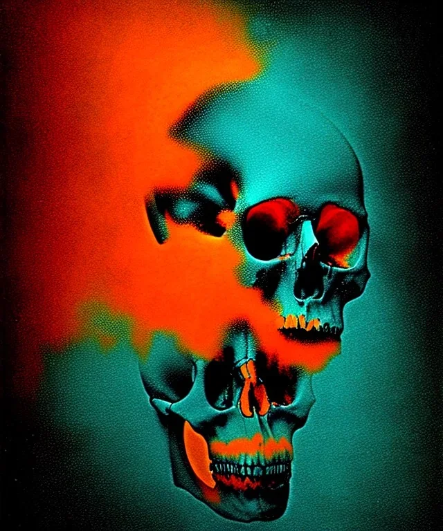 broken realistic skull. black background. smoke and explode. particles in air. teal and orange. abstract. beksinski.