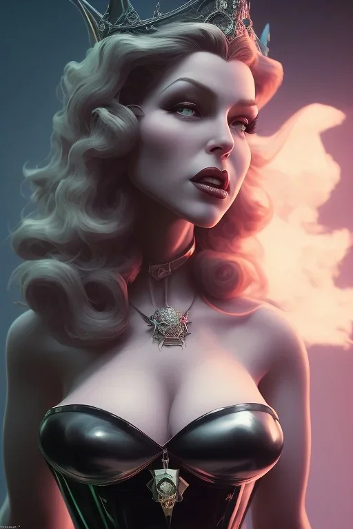 Rita Hayworth as evil queen in black leather, busty, cleavage, dominatrix, curvy, angry, stern look. character design by cory loftis, fenghua zhong, ryohei hase, ismail inceoglu and ruan jia. unreal engine 5, artistic lighting, highly detailed, photorealistic, fantasy