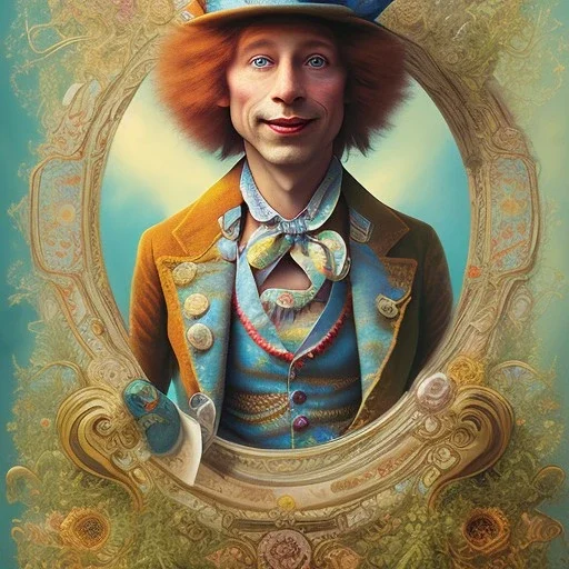 "Mad Hatter" book young man character of "Alice in the wonderland", elegant,sarcastic smile, by Disney,Chie Yoshii,alphonse mucha,earnst haeckel,james jean.