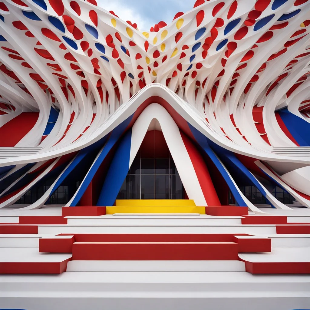 Front view exterior Museum of art in the form of flower petals architecture style Zaha Hadid linear drawing colors red white blue and yellow hyper-detailed 8k