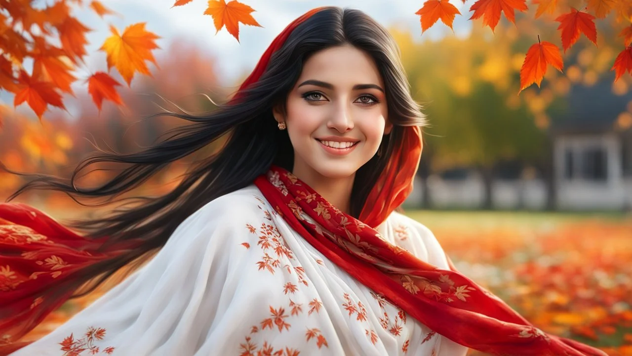 Hyper Realistic Close-Up-View of Extremely-Beautiful Young Happy Pashto Girl With Long-Black-Hair-Beautiful-Eyes-&-white-frock-with-red-shawl-with-white-embroidery Whirling-&-smiling in Autumn-Weather with cloudy sky in-an-Autumn-garden-with-orange-leaves-whirling-&-grass-arches showing dramatic & cinematic ambiance.