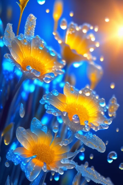 Blue flowers with dew drops, silver leaves and stems, golden ice, orange color background, glow, sun rays and glare, high detail, full detail, high resolution, glow, rendering, photorealistic, 55 mm, volumetric lighting, ray tracing, reflections studio lighting 4k poster acrylic art