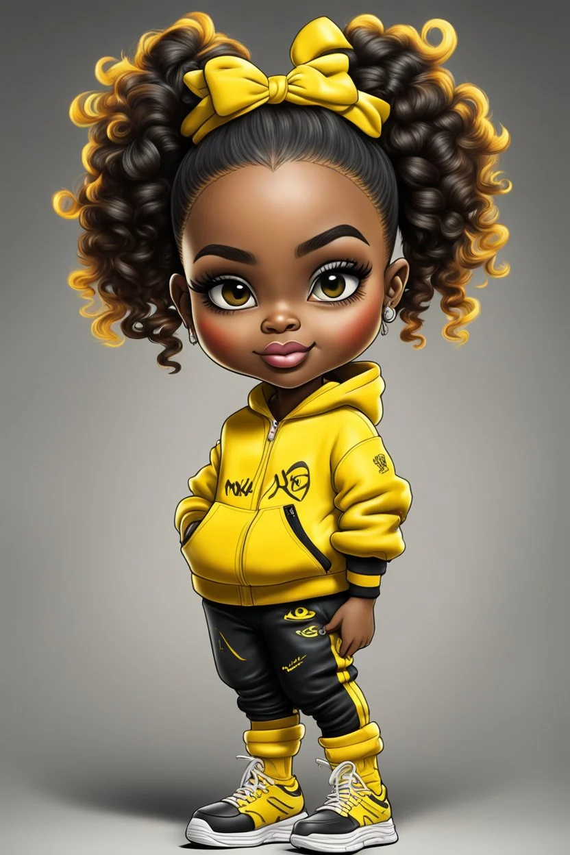 Create an airbrush image of a curvy chibi cartoon black female wearing a yellow jogger set and black sneakers. Prominent make up with hazel eyes. Extremely highly detailed of messing curly bun