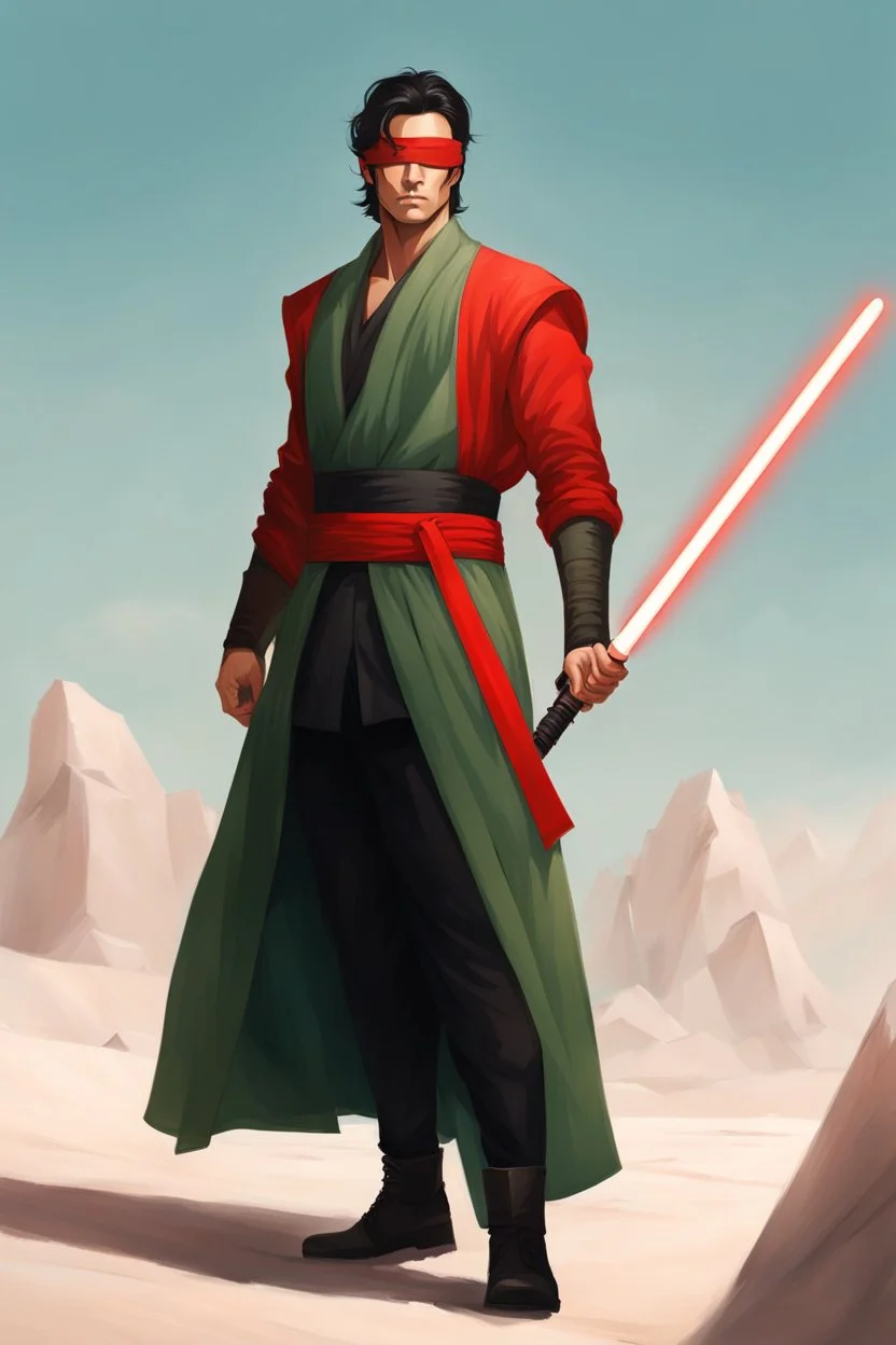 Red Blindfold, Male Tan Human, Extremly Long Black Hair, Peaceful body pose, Red Fancy Lightsaber With a Crossgaurd.