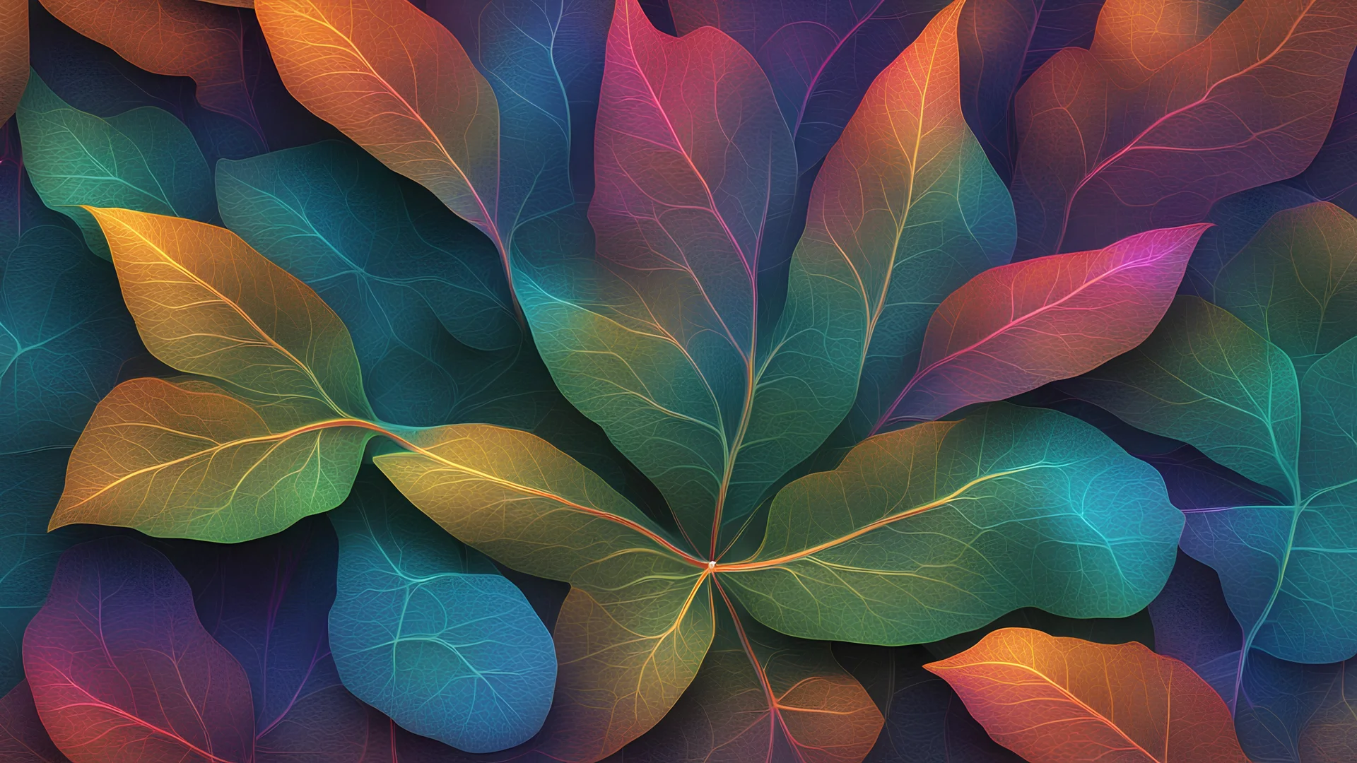 rendering of plant leaf in quantum physics style, leaf pores visible, psychedelic shimmering colors