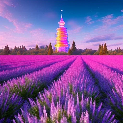 Blue cristal tower in a flowery countryside, glitter pink in a galactic ambiance, delicate colors in the foreground, full of details, smooth, light effect，vaporwave colorful, smooth, extremely sharp detail, finely tuned detail, ultra high definition, 8 k, unreal engine 5, ultra sharp focus