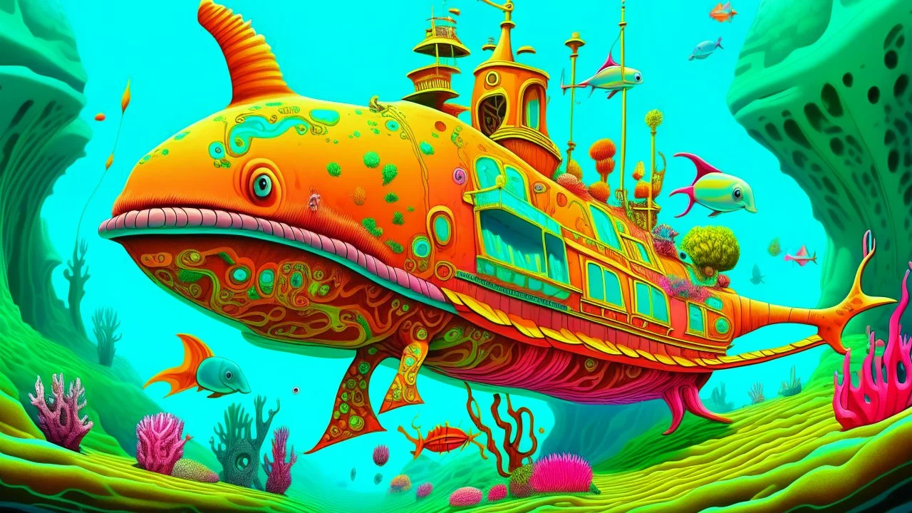 Surreal and humorous illustration of a camel-shaped submarine, underwater, with colorful coral reef and marine life surrounding it, by Salvador Dali meets Dr. Seuss style, vibrant colors, intricate details