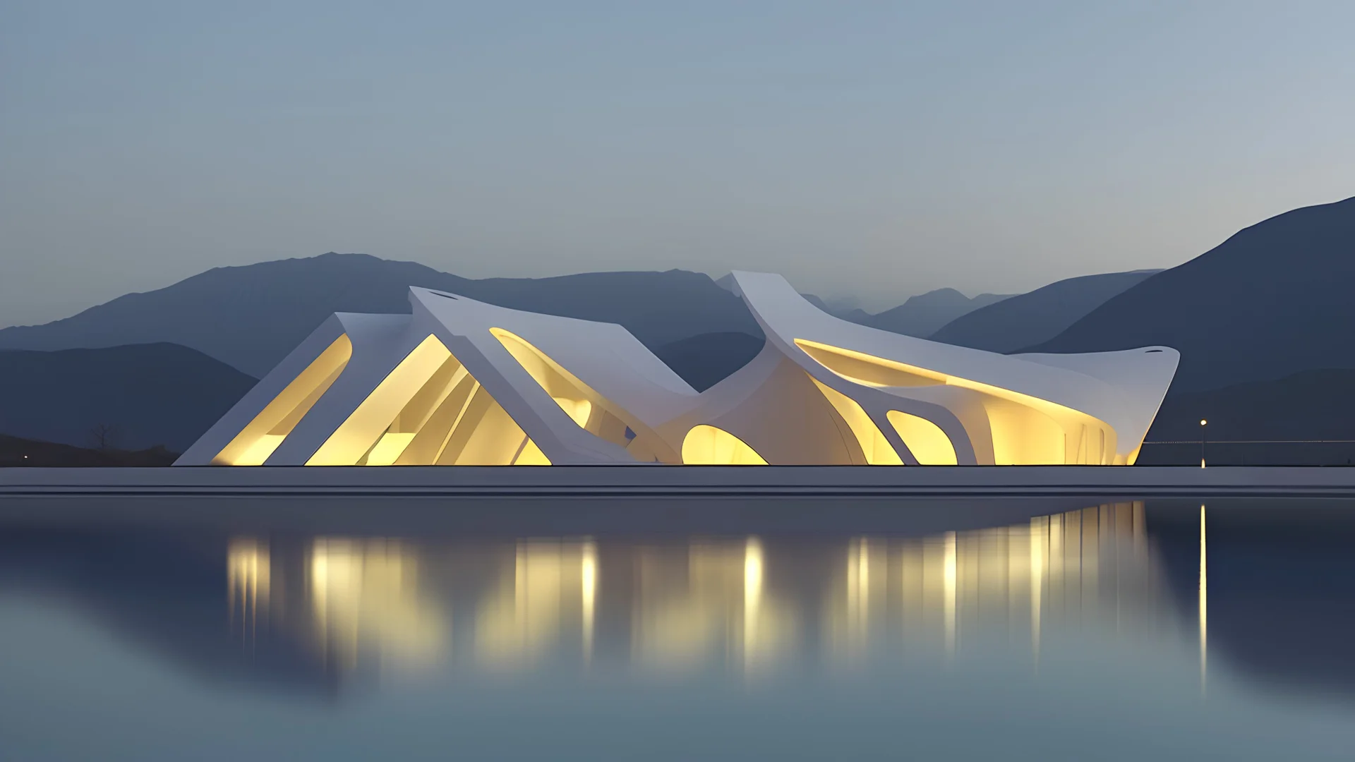 A modern architectural structure with irregularly shaped holes illuminated from within at night, a person standing in the doorway, and a body of water in the foreground with mountains in the background