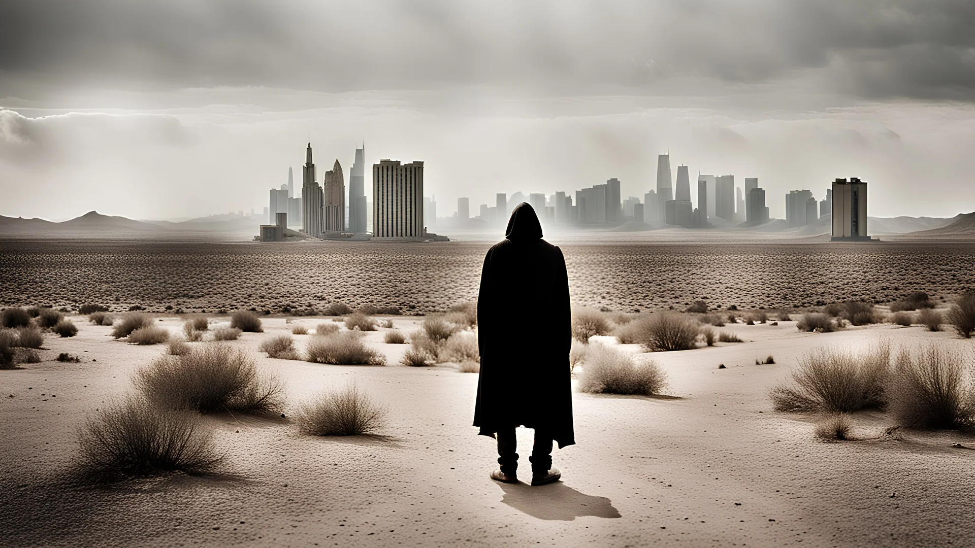 photography of a hooded man in the desert, postapocalyptic, distant skyscrapers, grit, wreck of cadillac