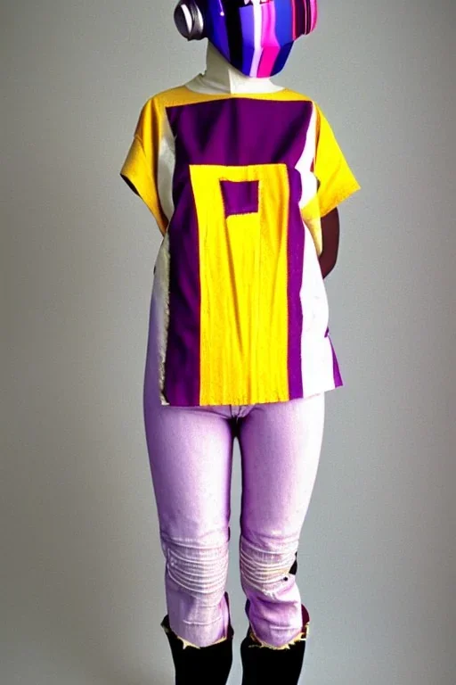 Photograph of a woman. Huge prints on denim,terracotta, cream and purple, lilac. Cream colored latex parts. imperial yellow, red plum mixed stripes, only on top half of t-shirt. Plant print.European daft punk woman. Baggy jeans, low waist, 1996! Mantle is sewed of recycled Denim and sewed together of recycled polymer felt. lace, Yellow(Munsell) areas. hint of orange as effect color!!Big bright purple/khaki felt tippet and cream or blue or lilac colored-hood. mantle is merged with cobalt bolero