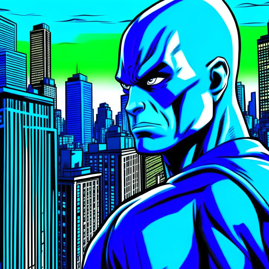 comic book character closeup city background