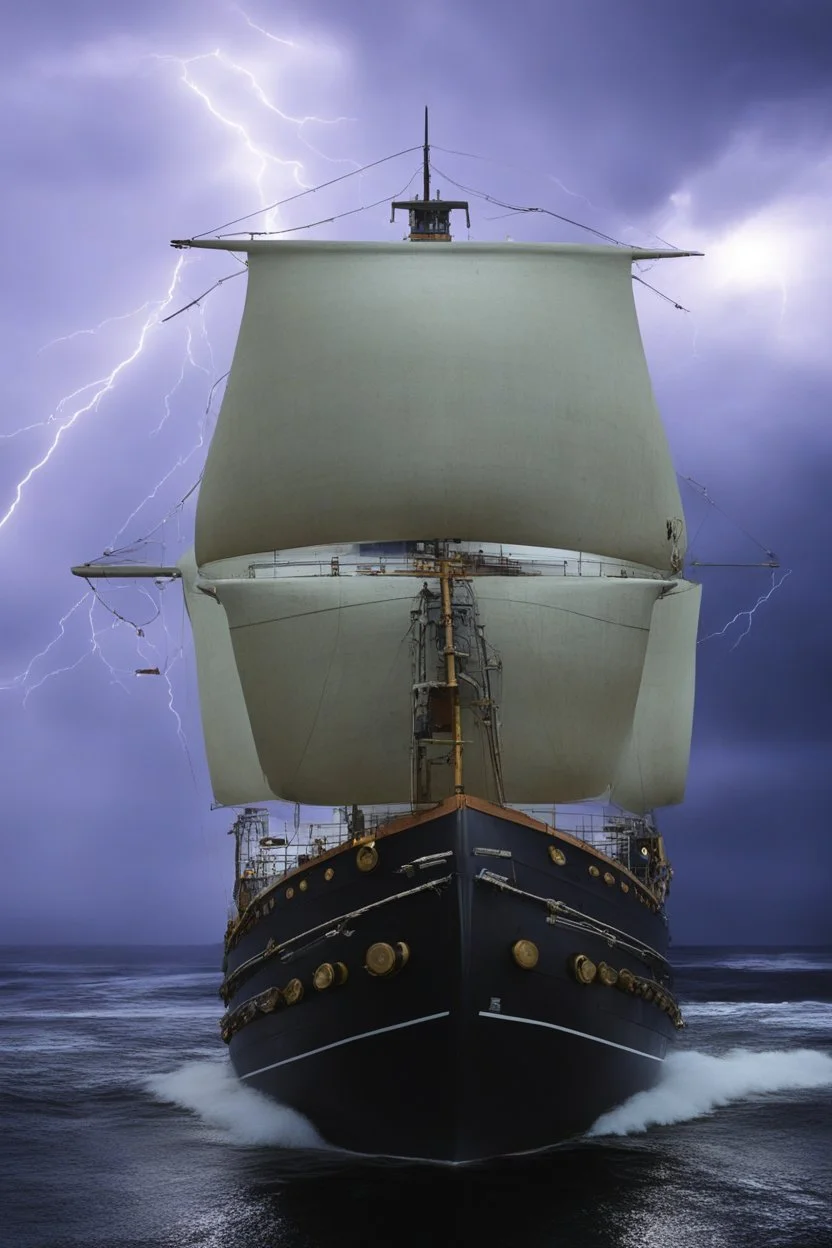 Ship front view with a Spider figurehead at night in a storm with giant waves