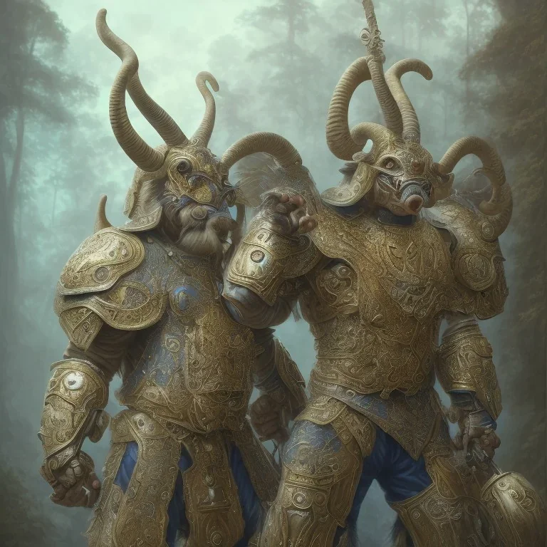 a Big-horn Ram warrior in navy blue and yellow battle armor, a highly detailed illustration, background of Inka jungle, realistic render, 8 k, micro detail, intricate, elegant, centered, digital painting, Artstation, smooth, sharp focus, illustration, artgerm, tomasz alen kopera, peter mohrbacher, donato giancola, joseph christian leyendecker, wlop, boris vallejo