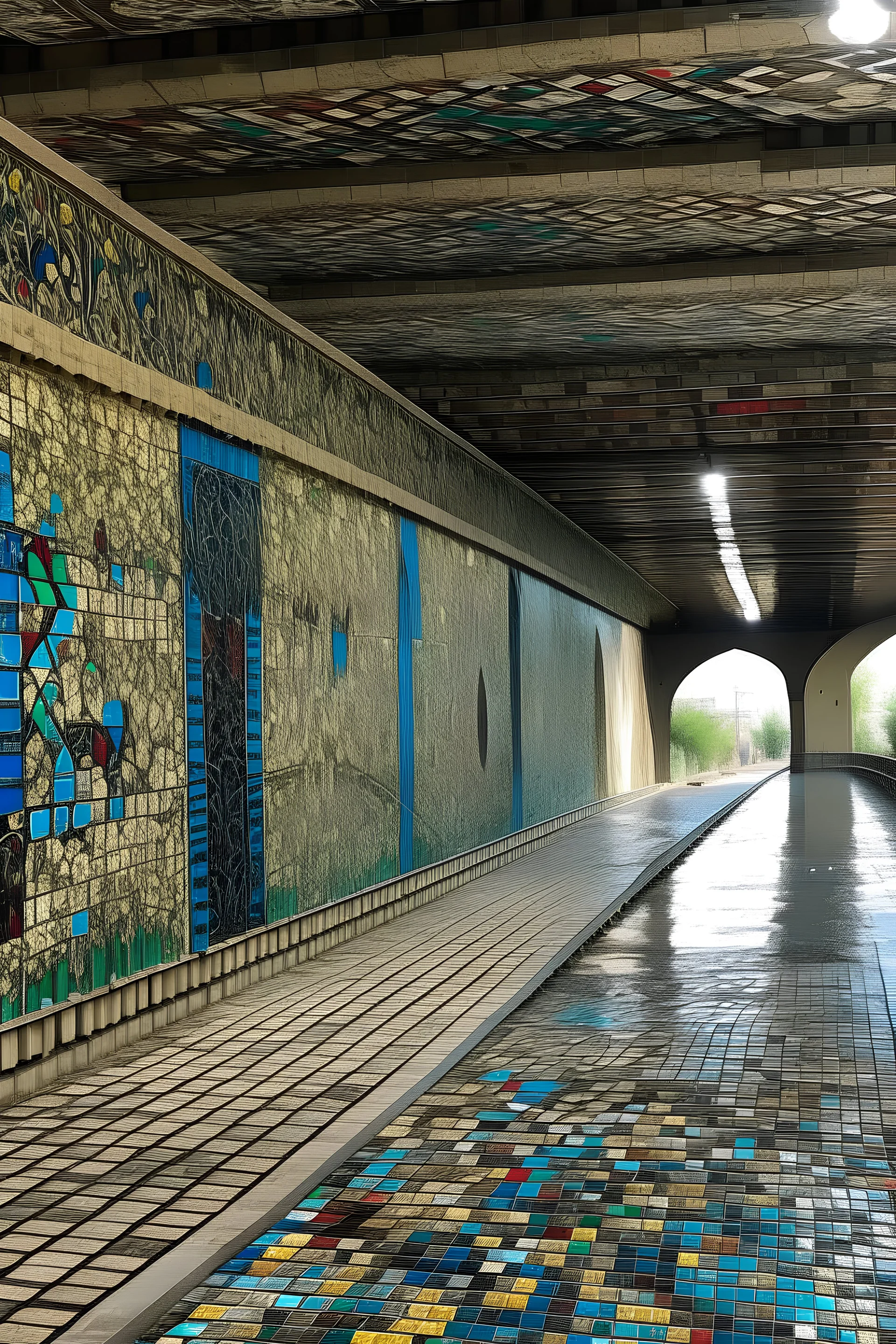 Using the symbols of Ahvaz city and Khuzestan province in the broken mosaic and broken tiles of the underpass walls of a bridge.