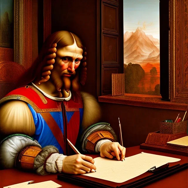 leonardo da vinci works in his study on a laptop at his desk. painting in photoshop. hyperdetailed, warm colors, movie poster, photoillustration, oil on canvas, lens flare