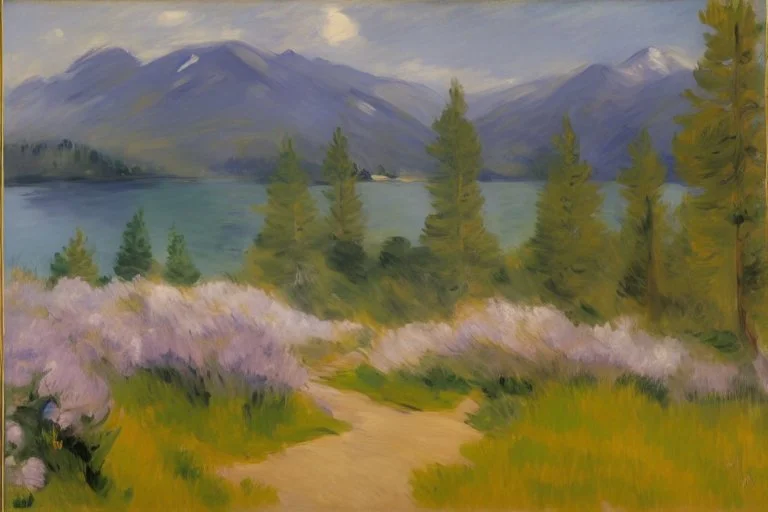 Mountains, lake, flowers, pathway, pine trees, clouds, edouard manet impressionism painting