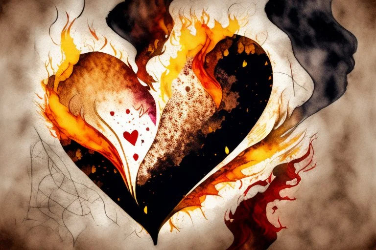 double exposure, merged layers, fireplace with dynamically blazing fire in coffee color, ink splatter art, watercolor and ink, golden glitters, double exposure heart and love