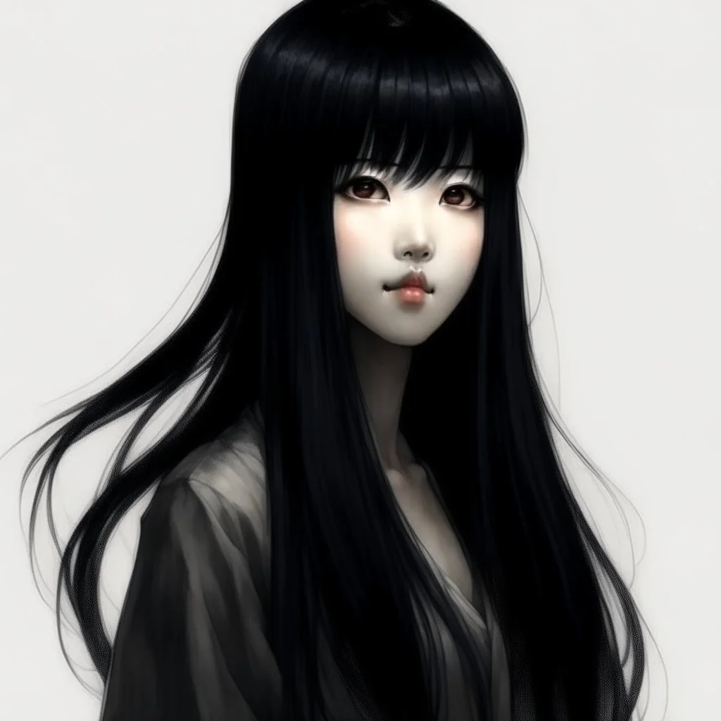A Chinese girl with long black hair and bangs looking down in a blurry portrait, Overhead view, Chinese Ink style, full body, 4K, hyper quality