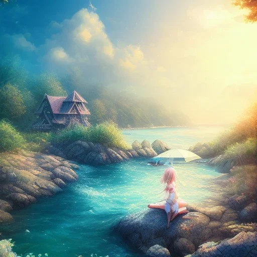 Little girl day, sunny, relaxing, sea, trees, real details anime style, realistic, glowing beach