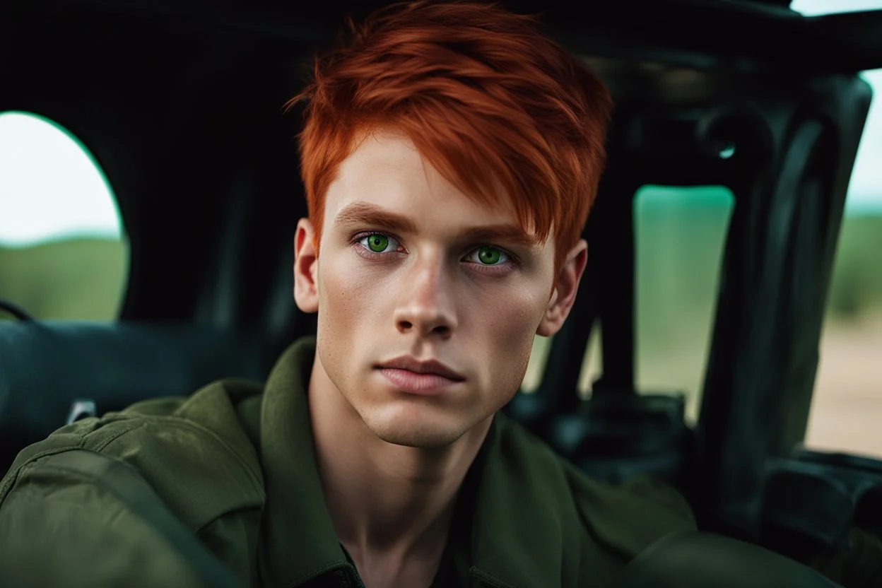 Young male with red hair and green eyes sitting in a jeep close up photo realistic