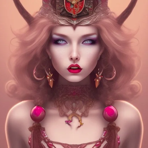 Intimidating beauty, Fire witch, round face, pale skin, wild curly pink hair, red eyes, pink and red eyeshadow, pink glossy lips, wearing a pink witch hat, wearing a red crystal necklace