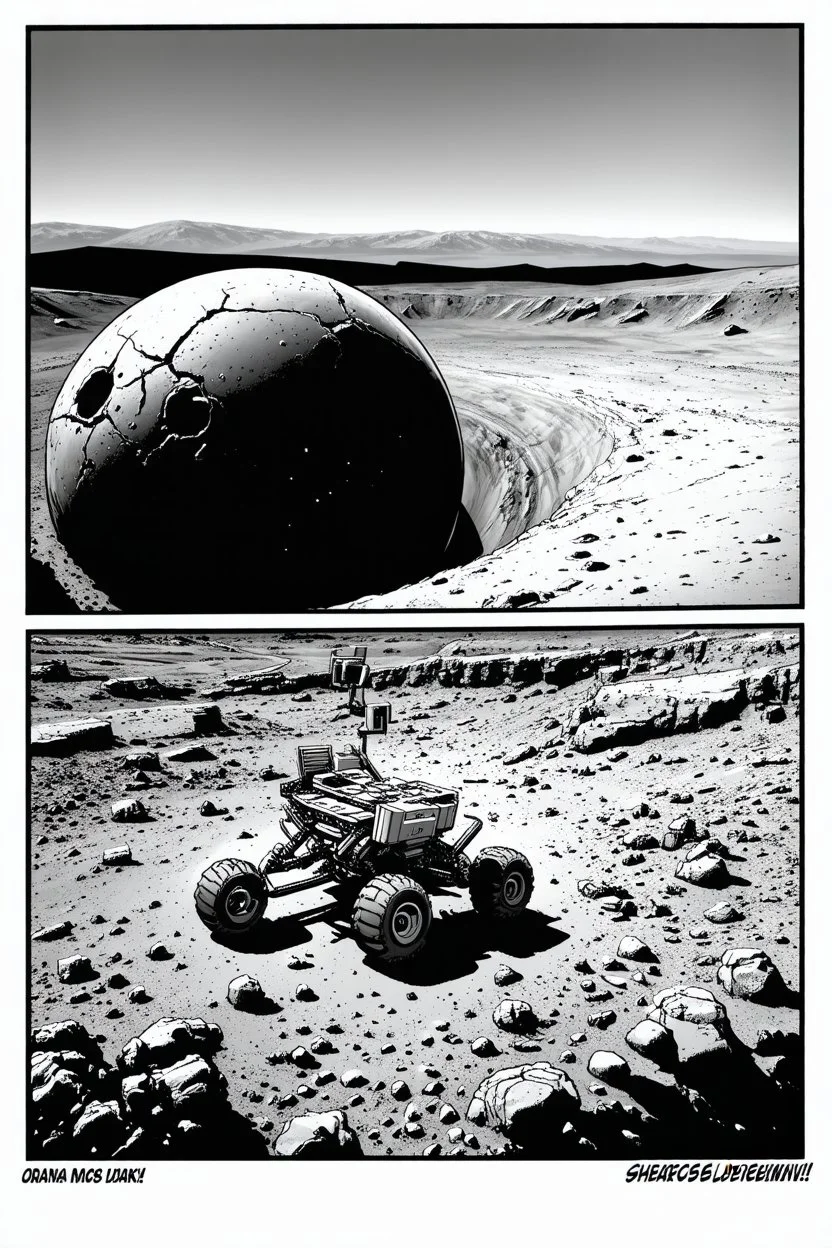 High-altitude lunar reconnaissance satellite image of a young impact crater with larger regolith along right ride. A massive damaged metallic alien sphere with fracture lines like an egg. organic growth across regolith and up crater walls. Along the lower frame edge a small modern bare-bones lunar-vehicle sits near the rim with visible wheel tracks. comic page pencils