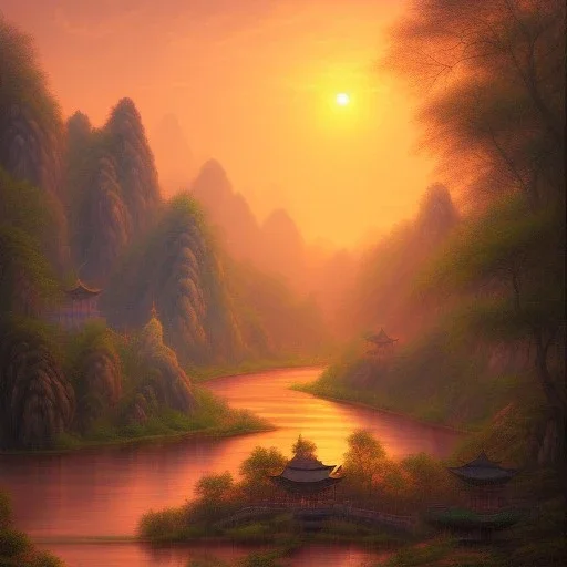 uma paisagem chinesa com rios e arvores, por do sol ao fundo, desenho a lapis, tons pastel