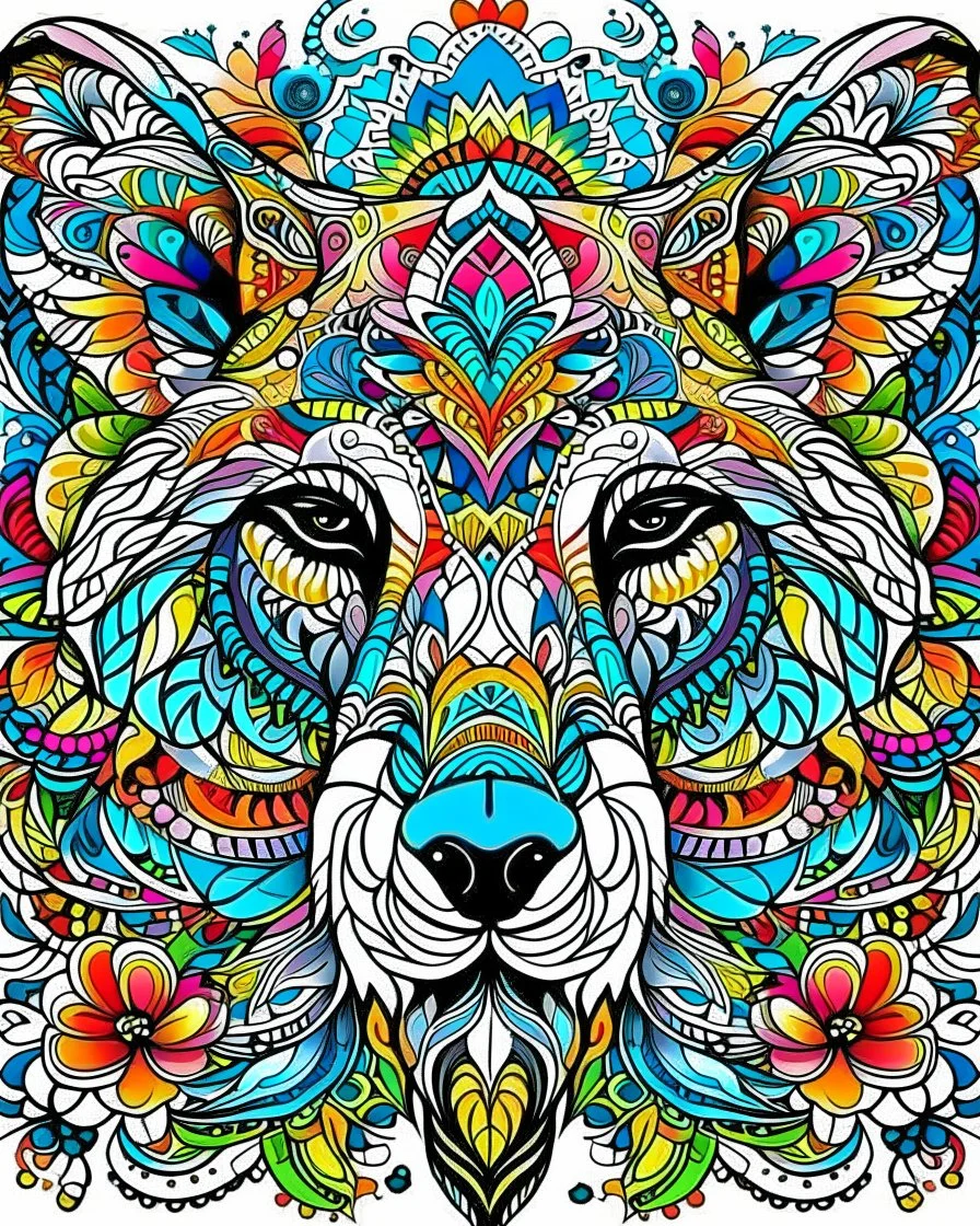 Eurasian wolf ANIMAL Book cover for Adults, mandala, flower, coloerfull