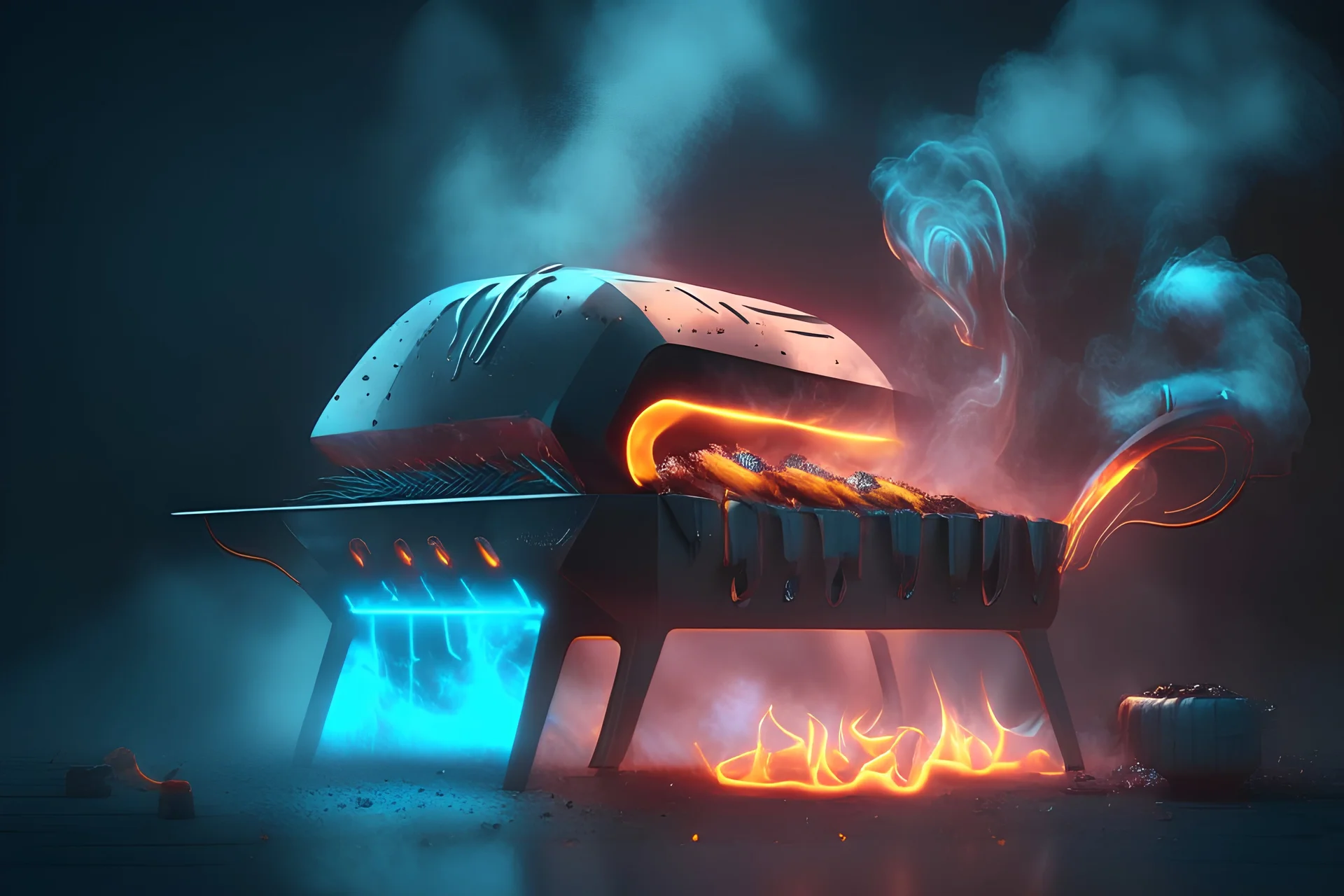 futuristic barbecue with smoke and led