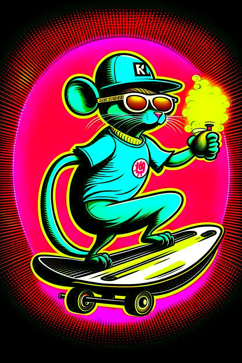 A rat on a skateboard, with glasses and a helmet; the rat laughs; fire coming from behind; cartoon style complementary colors, with the text "FISCALIA COLOMBIA"