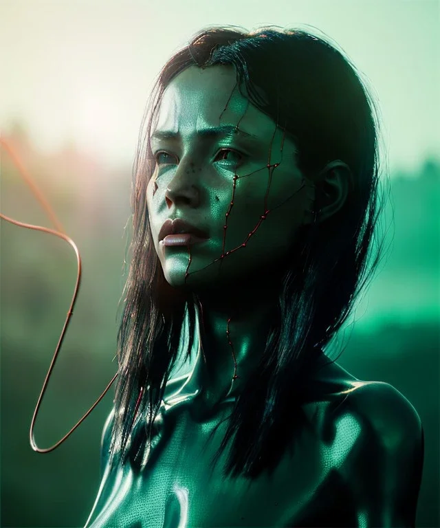 Ultra realistic photographic night portrait, cinematic, naked, long hair, latex <sexy woman> <hanging wires> many wires coming out of the head <perfect pupil> <cyborg> <garage> <wide angle Shot> <sci-fi futuristic> <thriller>, fog, soft color, highly detailed, unreal engine 5, ray tracing, RTX, lumen lighting, ultra detail, volumetric lighting, high definition.