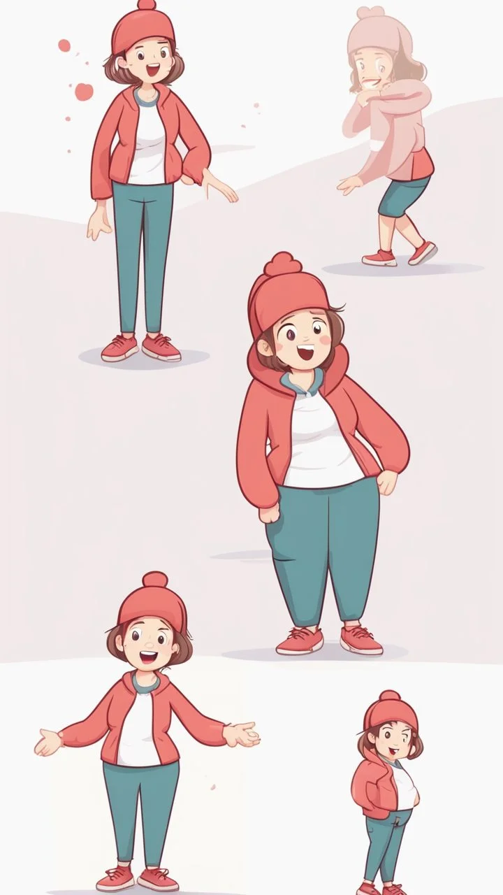 Big girl character, multiple poses and expressions, Real stories illustration style, cute, 20years old girl, full color, red