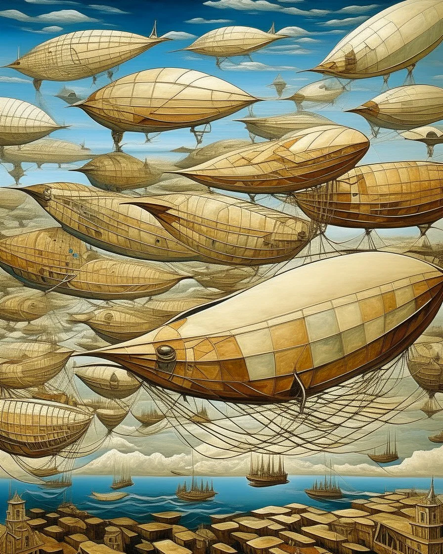 A flesh colored fleet of airships in the sky designed in ancient Greek mosaics painted by Salvador Dali