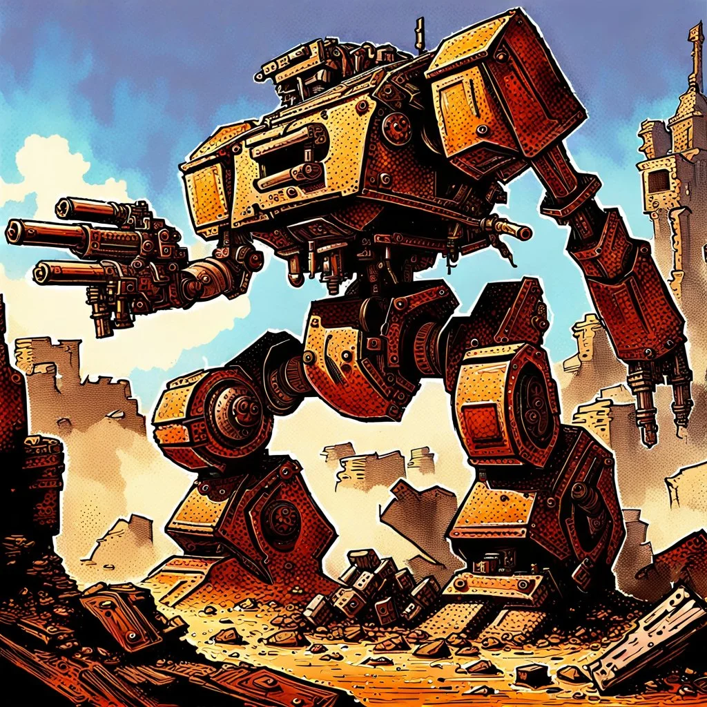 90's fantasy tcg art of a giant junk mech made of multiple parts in the ruins of a post apocalyptic sludge junkyard firing a a machine gun