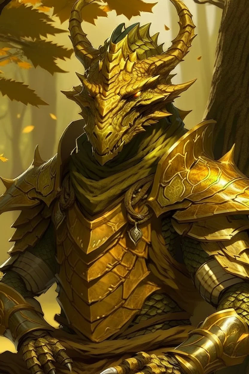 Dragonborn DnD, golden, friendly face, tree knight